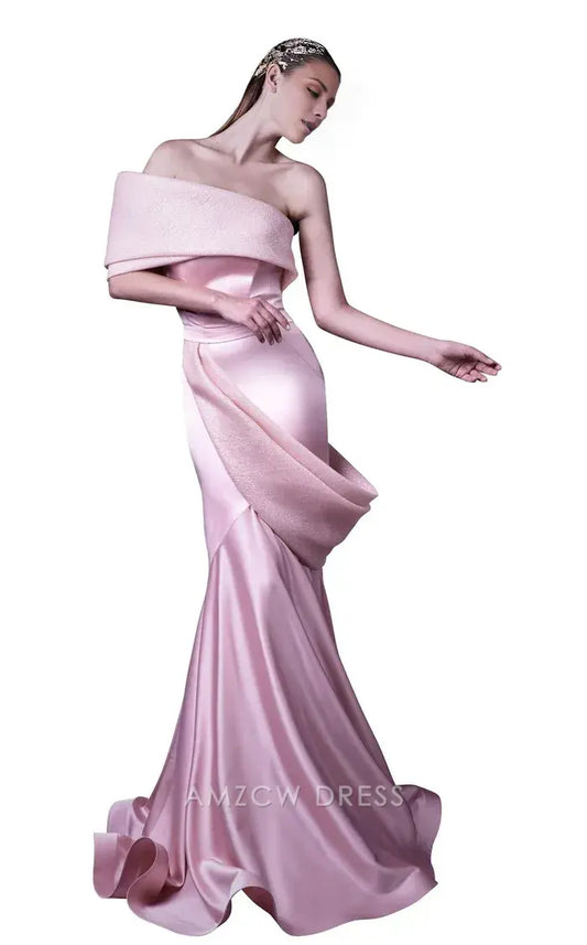 Elegant Blush Pink Satin & Glitter Fabric Off-the-Shoulder Draped Mermaid Formal Gown Prom Dress