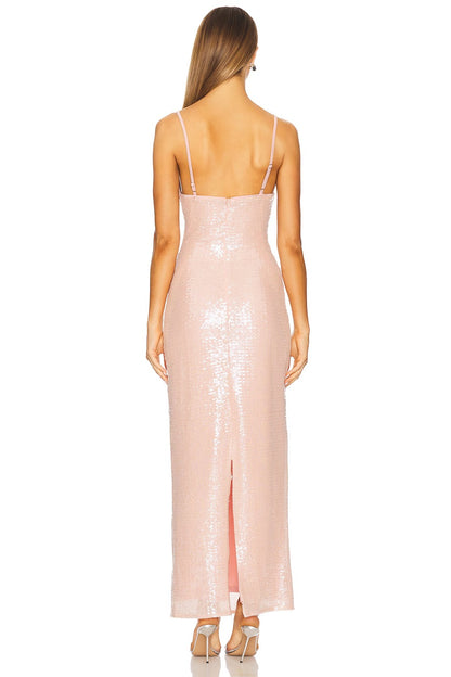 Elegant Blush Pink Sequin Spaghetti Strap Maxi Gown with Low Back: Evening Dresses