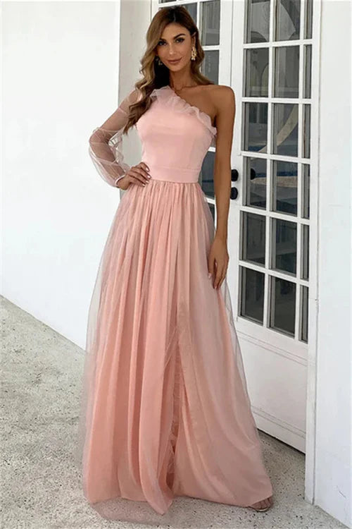 Elegant Blush Prom Dresses with Tulle Asymmetric One Shoulder and Sheer Sleeve