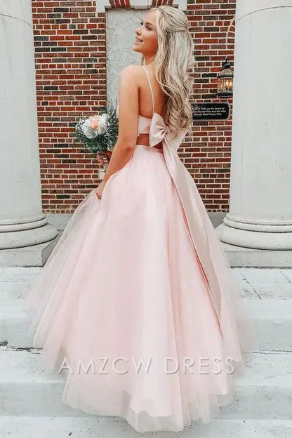 Amzcw Elegant Bow Back Pink A-line Empire-Waist Sleeveless Tulle Long Prom Dress