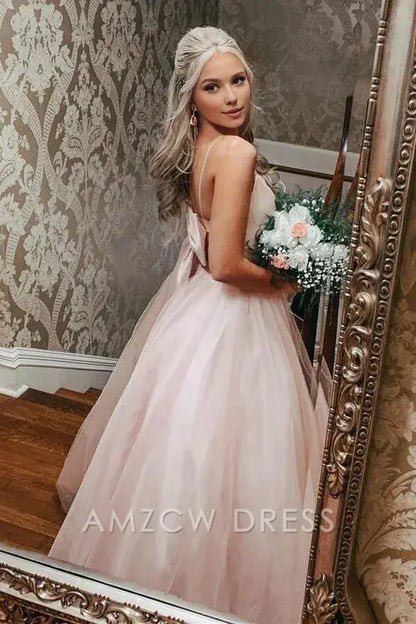 Amzcw Elegant Bow Back Pink A-line Empire-Waist Sleeveless Tulle Long Prom Dress