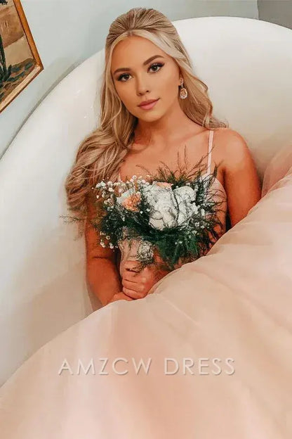Amzcw Elegant Bow Back Pink A-line Empire-Waist Sleeveless Tulle Long Prom Dress