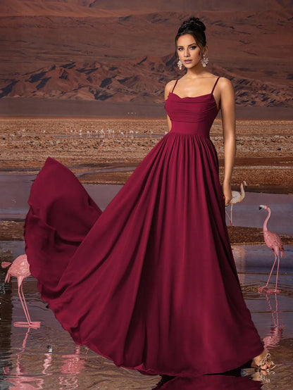 Elegant Burgundy Spaghetti Strap Sweetheart Neck Ruched Lightweight Chiffon Flowy Floor-Length Maxi Dress Prom Dress