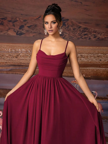 Elegant Burgundy Spaghetti Strap Sweetheart Neck Ruched Lightweight Chiffon Flowy Floor-Length Maxi Dress Prom Dress