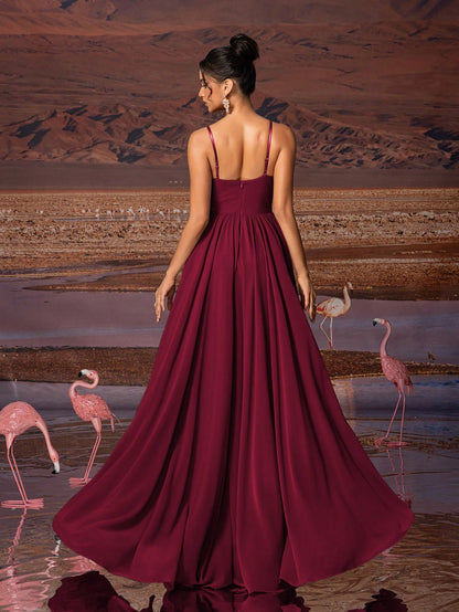 Elegant Burgundy Spaghetti Strap Sweetheart Neck Ruched Lightweight Chiffon Flowy Floor-Length Maxi Dress Prom Dress
