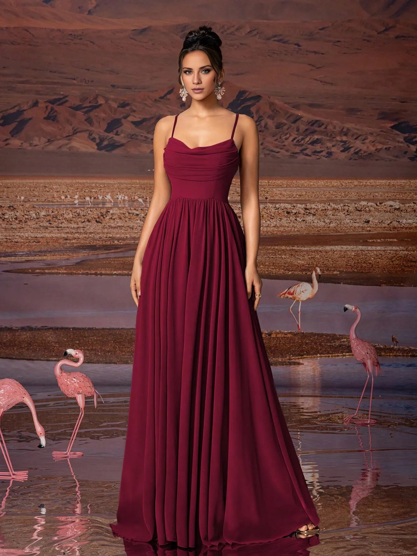 Elegant Burgundy Spaghetti Strap Sweetheart Neck Ruched Lightweight Chiffon Flowy Floor-Length Maxi Dress Prom Dress