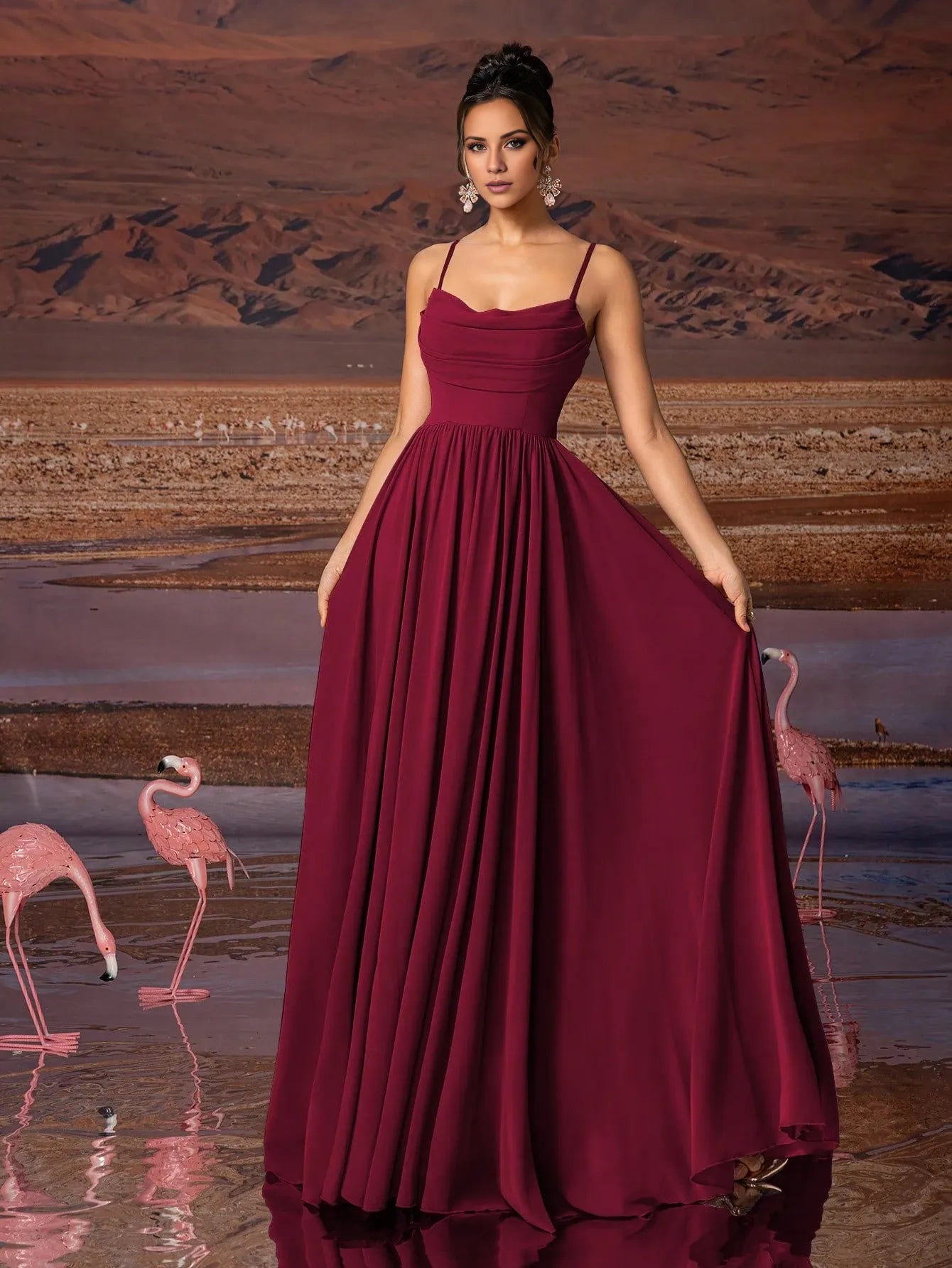 Elegant Burgundy Spaghetti Strap Sweetheart Neck Ruched Lightweight Chiffon Flowy Floor-Length Maxi Dress Prom Dress