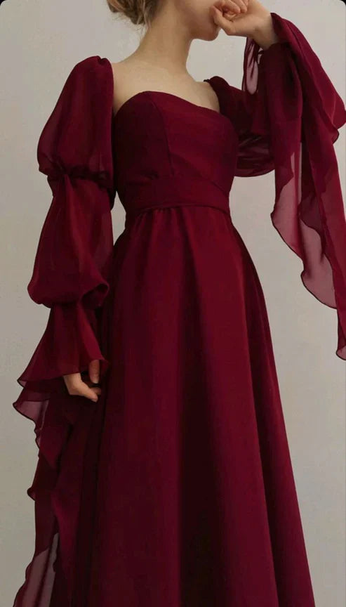 Elegant Burgundy Square Neck Puff Sleeve Open Back Bow Midi Prom Dress
