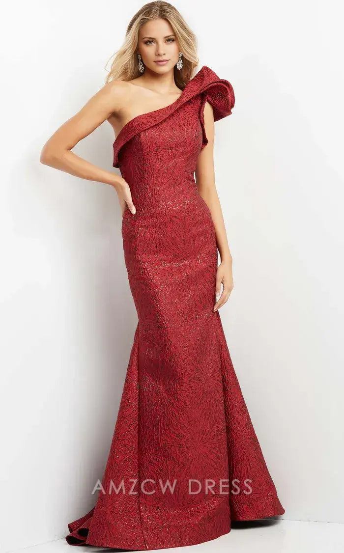Elegant Burgundy Textured Glitter Fabric One-Shoulder Bow Accent Mermaid Formal Gown Prom Dress