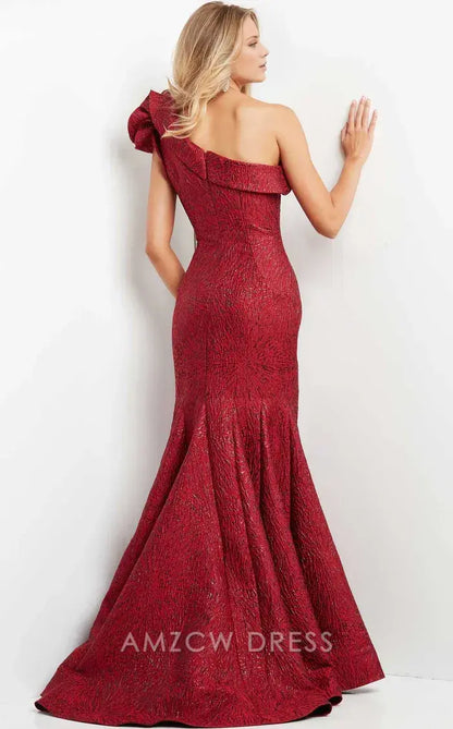 Elegant Burgundy Textured Glitter Fabric One-Shoulder Bow Accent Mermaid Formal Gown Prom Dress