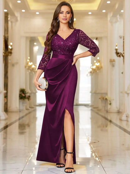 Elegant Burgundy V-Neck Three-Quarter Lace & Sequin-Embellished Satin Fitted Mermaid Floor-Length Formal Dress Prom Dress