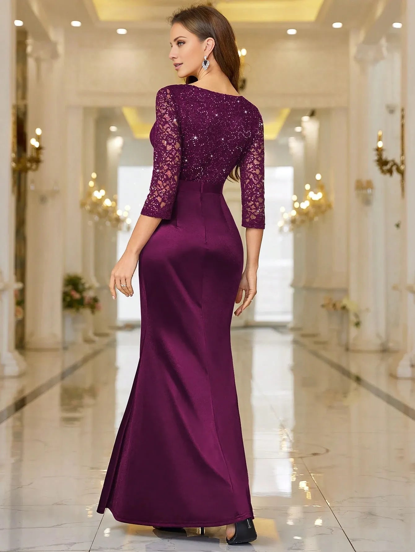 Elegant Burgundy V-Neck Three-Quarter Lace & Sequin-Embellished Satin Fitted Mermaid Floor-Length Formal Dress Prom Dress
