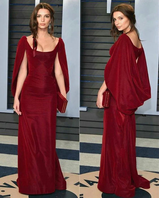 Elegant Burgundy Velvet Square Neck Cape-Sleeve Mermaid Maxi Dress Prom Dress