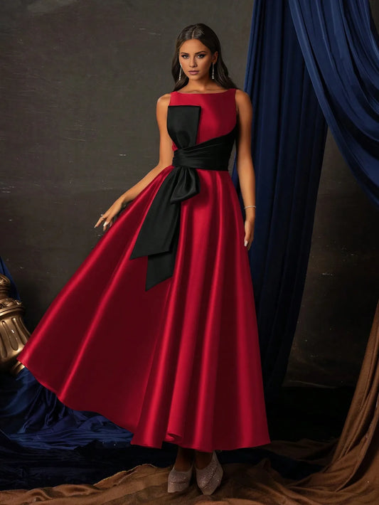 Elegant Burgundy and Black Sleeveless Crew Neck Oversized Bow Satin Flowy Floor-Length Formal Ballgown Prom Dress