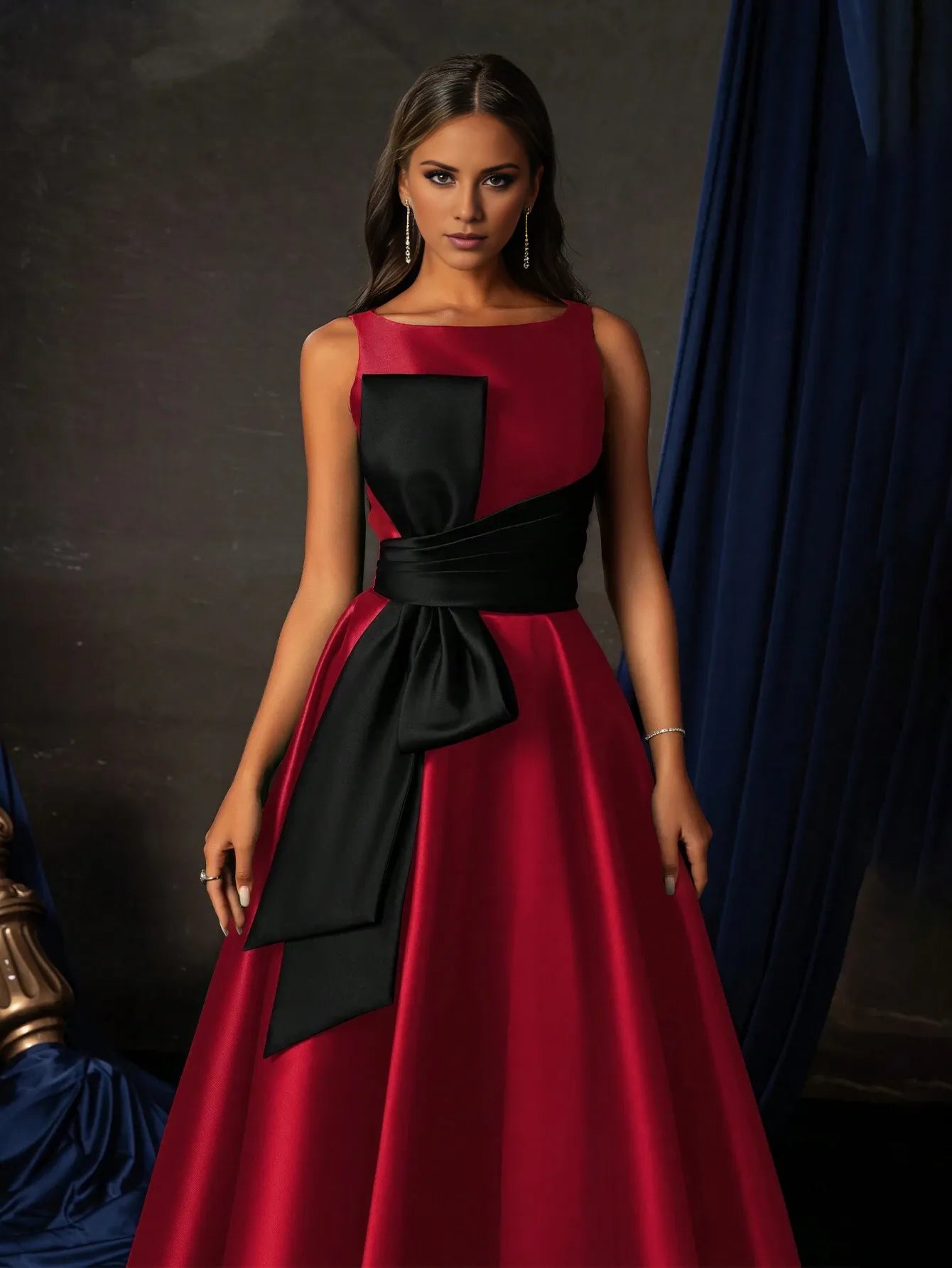 Elegant Burgundy and Black Sleeveless Crew Neck Oversized Bow Satin Flowy Floor-Length Formal Ballgown Prom Dress