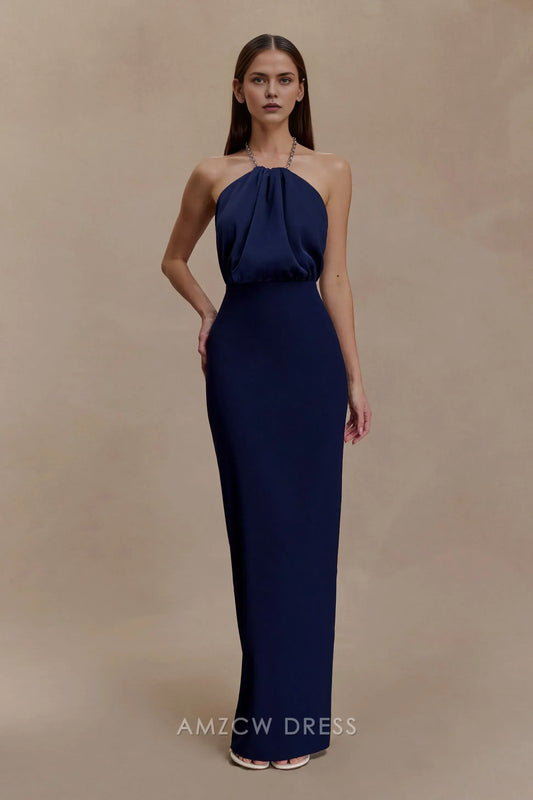 Elegant Chain Halter Neck Open Back Maxi Dress with Back Slit Prom Dress