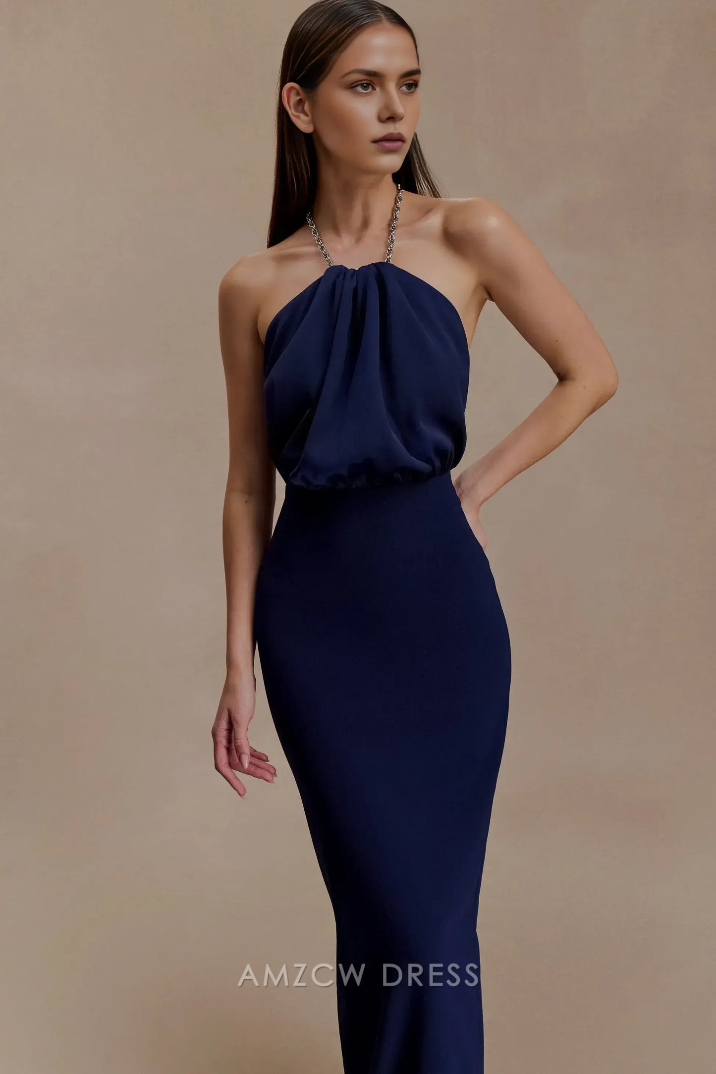 Elegant Chain Halter Neck Open Back Maxi Dress with Back Slit Prom Dress