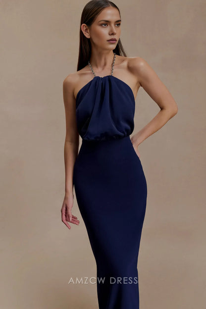 Elegant Chain Halter Neck Open Back Maxi Dress with Back Slit Prom Dress