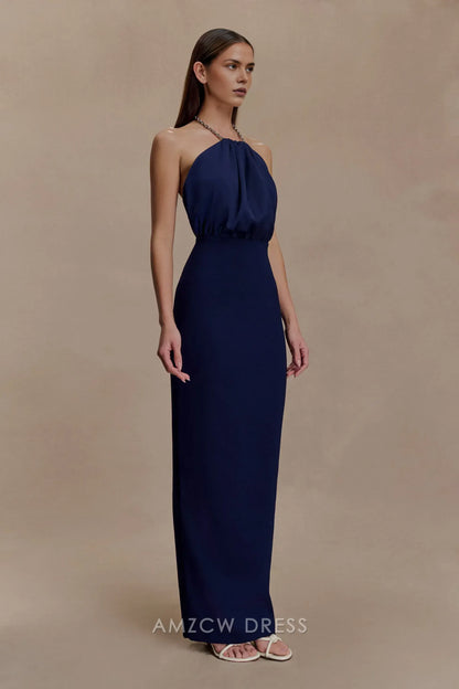 Elegant Chain Halter Neck Open Back Maxi Dress with Back Slit Prom Dress