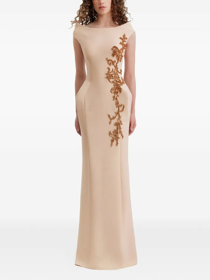 Elegant Champagne Gold Embellished Bateau-Neck Prom Dress
