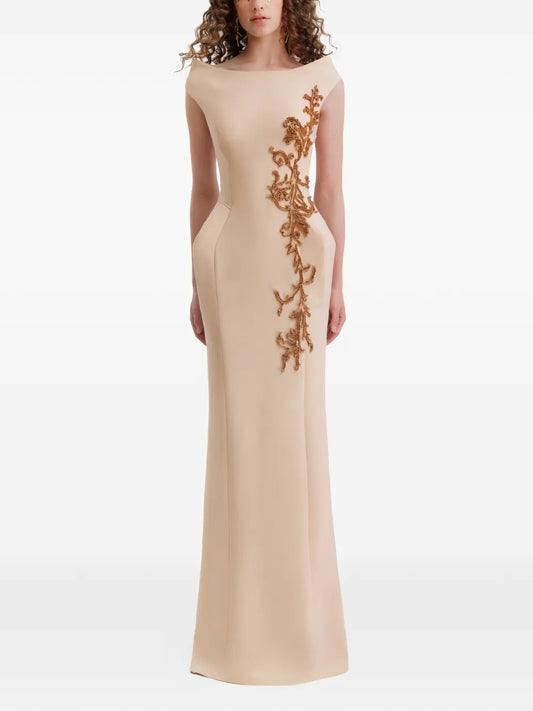 Elegant Champagne Gold Embellished Bateau-Neck Prom Dress
