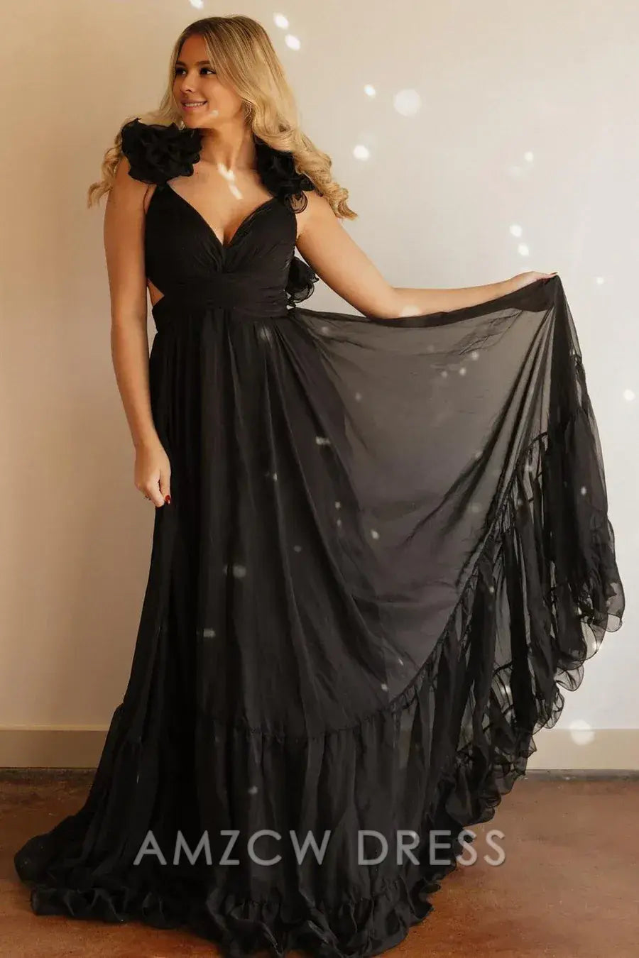Amzcw Elegant Chiffon Lace-Up Ruffle Belted A-Line Prom Dress