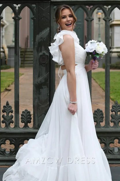 Amzcw Elegant Chiffon Lace-Up Ruffle Belted A-Line Prom Dress