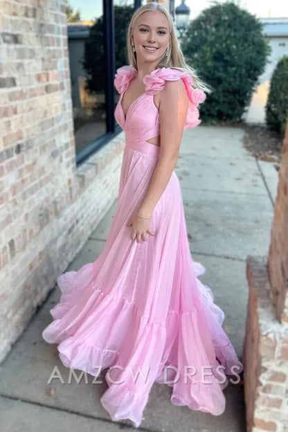 Amzcw Elegant Chiffon Lace-Up Ruffle Belted A-Line Prom Dress