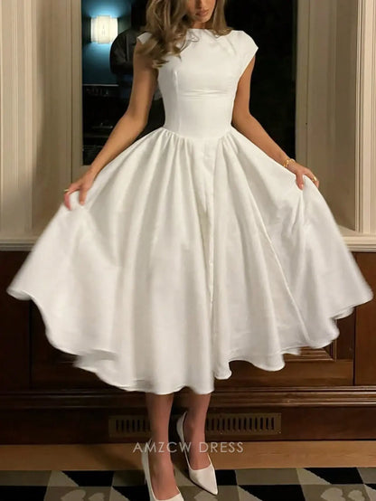 Elegant Crew Neck Keyhole Back Fit-and-Flare Satin Midi Dress Prom Dress