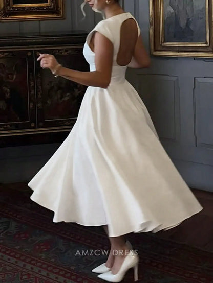 Elegant Crew Neck Keyhole Back Fit-and-Flare Satin Midi Dress Prom Dress