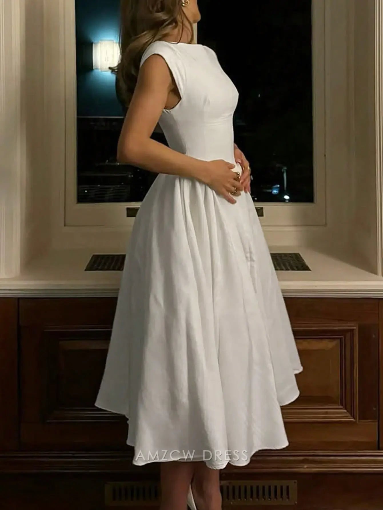 Elegant Crew Neck Keyhole Back Fit-and-Flare Satin Midi Dress Prom Dress