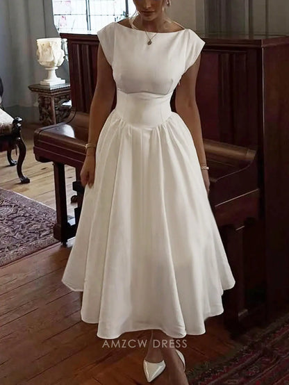 Elegant Crew Neck Keyhole Back Fit-and-Flare Satin Midi Dress Prom Dress