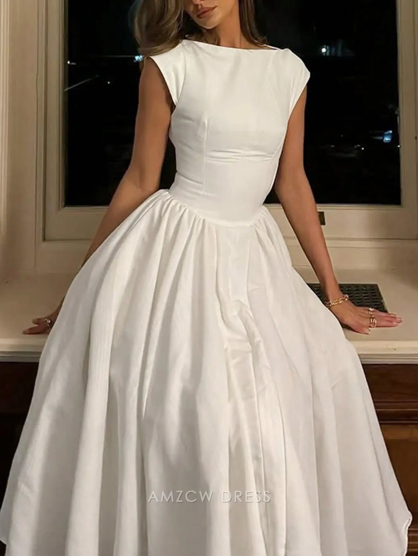 Elegant Crew Neck Keyhole Back Fit-and-Flare Satin Midi Dress Prom Dress