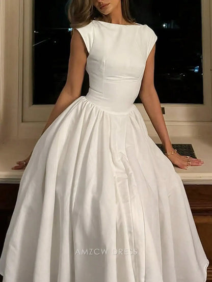 Elegant Crew Neck Keyhole Back Fit-and-Flare Satin Midi Dress Prom Dress