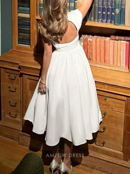 Elegant Crew Neck Keyhole Back Fit-and-Flare Satin Midi Dress Prom Dress