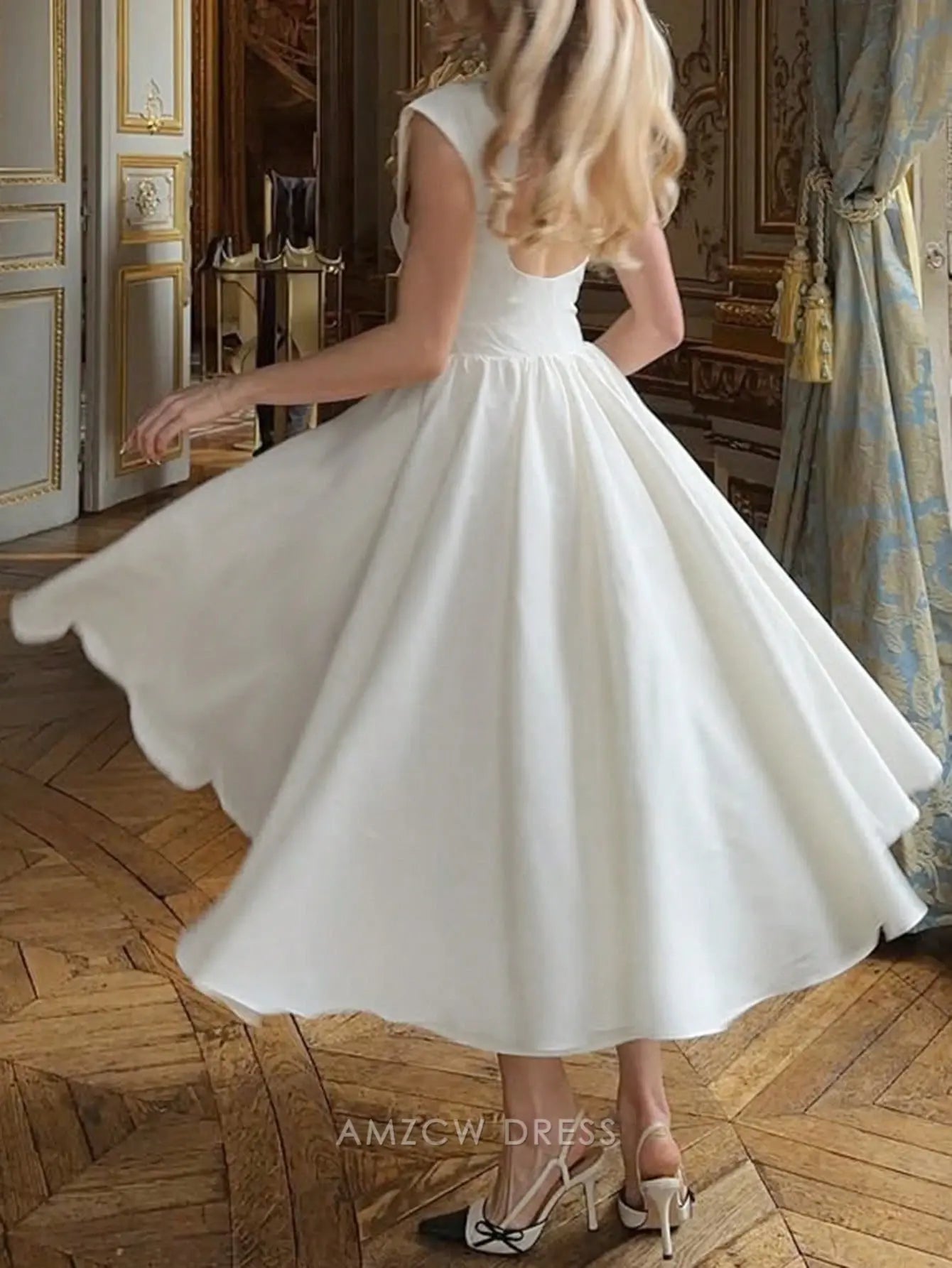 Elegant Crew Neck Keyhole Back Fit-and-Flare Satin Midi Dress Prom Dress