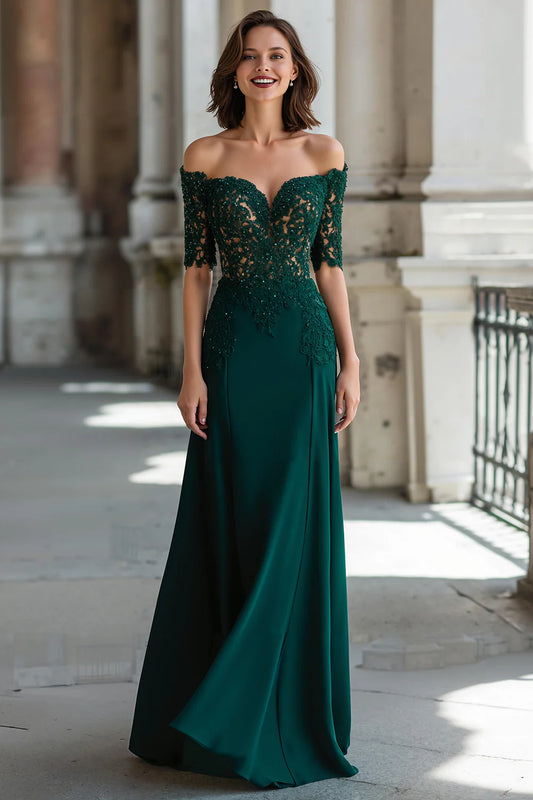 Elegant Emerald Green Lace Off-the-Shoulder Sweetheart Neck Half-Sleeve A-Line Train Maxi Dress Prom Dress