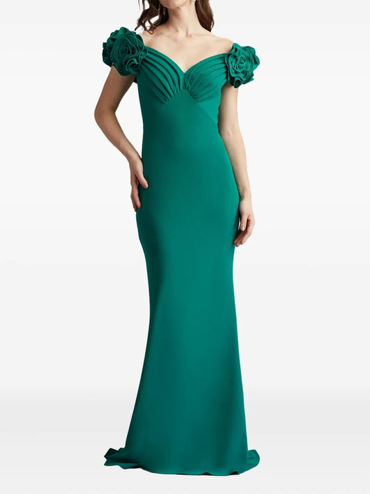 Elegant Emerald Green Off-Shoulder Floral-Appliqué Mermaid Gown