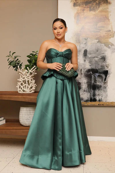 Elegant Emerald Green Satin Strapless Sweetheart Neck Peplum Waist A-Line Maxi Dress Prom Dress