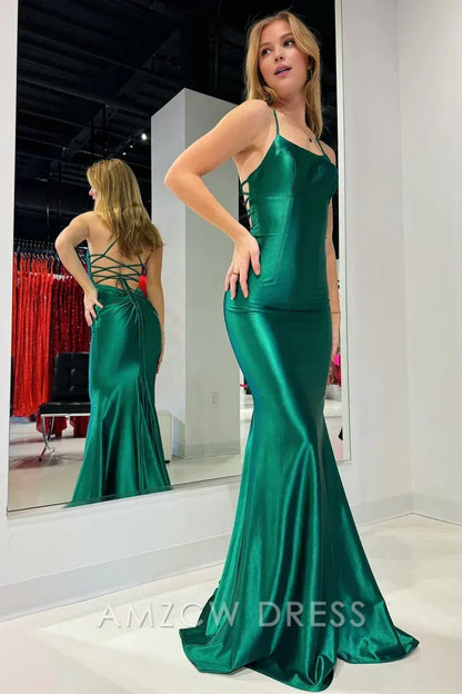 Amzcw Elegant Emerald Scoop Neck Lace-Up Mermaid Long Prom Gown
