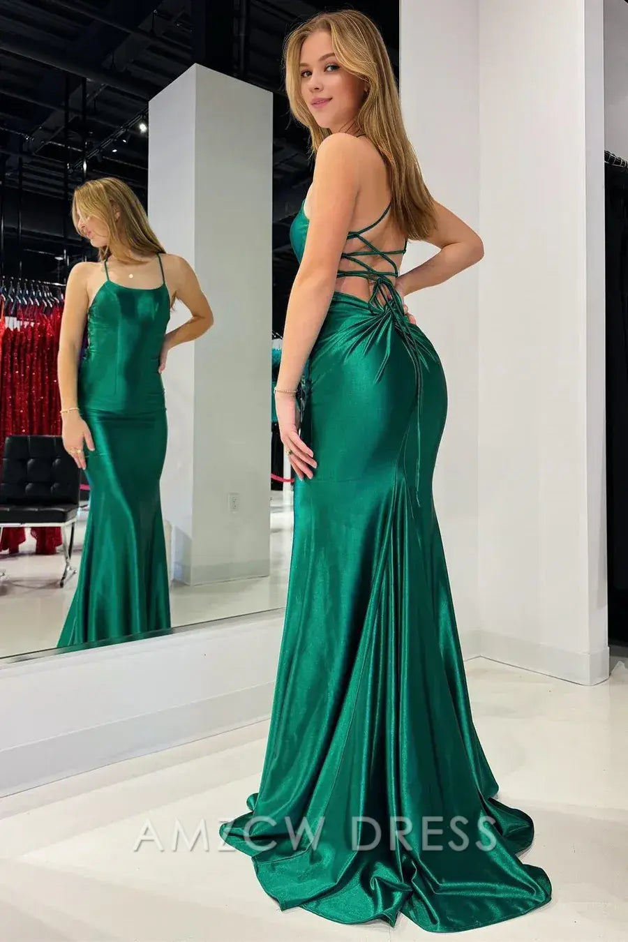 Amzcw Elegant Emerald Scoop Neck Lace-Up Mermaid Long Prom Gown