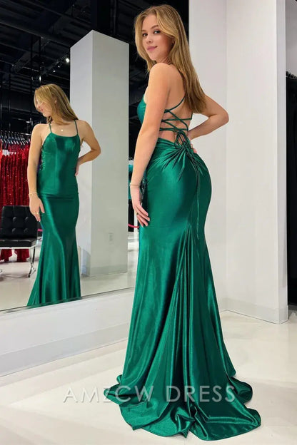 Amzcw Elegant Emerald Scoop Neck Lace-Up Mermaid Long Prom Gown