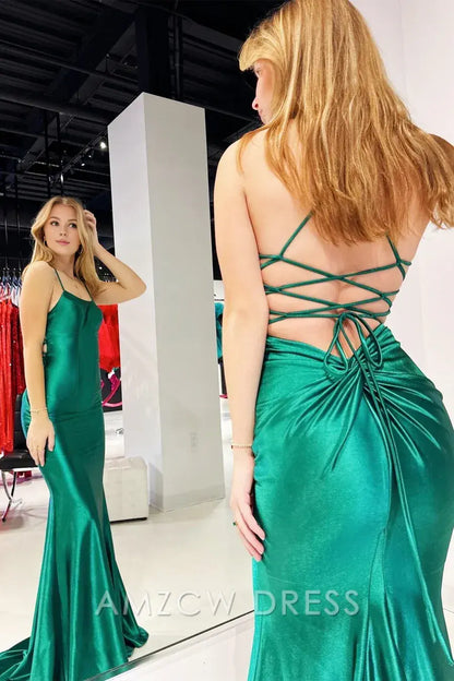 Amzcw Elegant Emerald Scoop Neck Lace-Up Mermaid Long Prom Gown