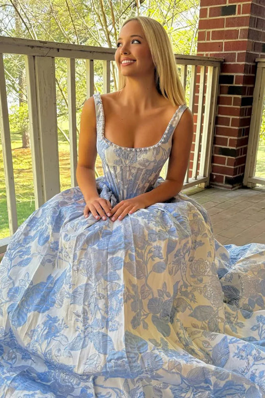 Elegant Floral Jacquard Square Neck Pearl-Embellished Wide Strap Lace-Up Back Ball Gown with Pockets Prom Dress