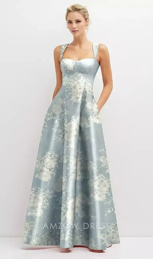 Elegant Floral Jacquard Sweetheart Neck Wide Strap Lace-Up Back A-Line Maxi Dress Prom Dress