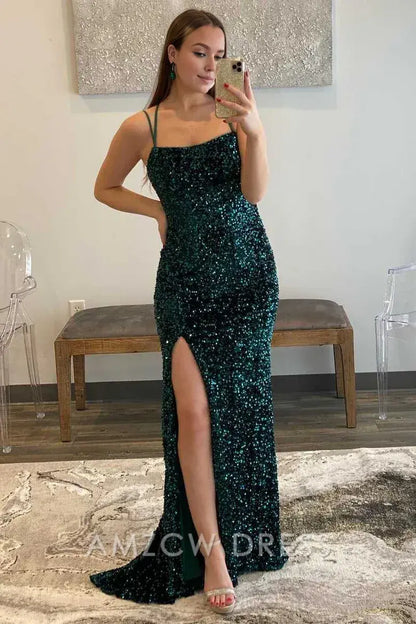 Amzcw Elegant Dark Green Sequins Mermaid Long Formal Dress formal wear dresses