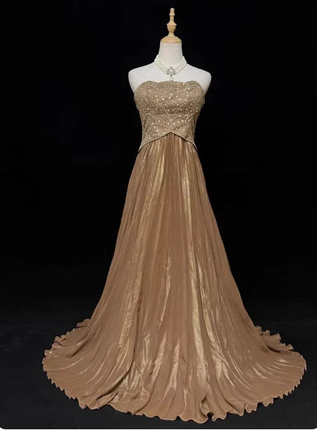 Elegant Gold Strapless Prom Dress With Beaded Sequin Bodice And Shimmering Chiffon A Line Skirt For Formal Evening Party