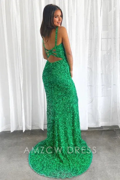 Amzcw Elegant Green Glitters Mermaid Long Formal Dress with Slit