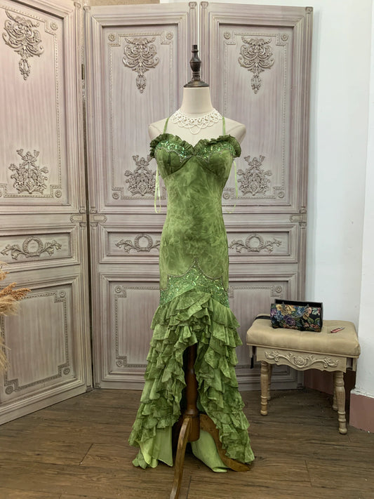 Elegant Green Spaghetti Strap Prom Dress With Tie Dye Chiffon And Tiered Ruffled Mermaid Skirt For Formal Evening Party