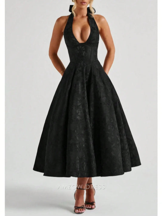 Elegant Halter Neck Deep V Lace-Up Back Brocade Midi Ballgown Prom Dress